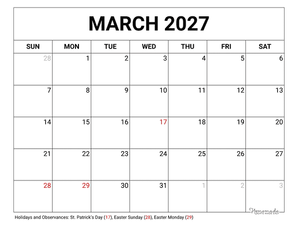 March Calendar 2027 Printable Blank