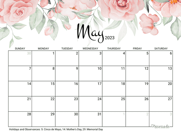 May Calendar 2023 Printable Rose