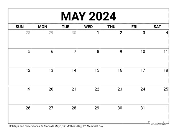 Free Printable Calendar 2024 Monthly May patti sharity