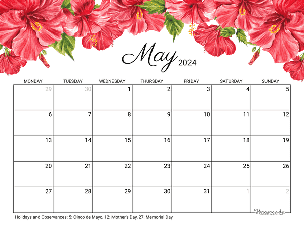 May Calendar 2024 Printable Hibiscus Monday Start
