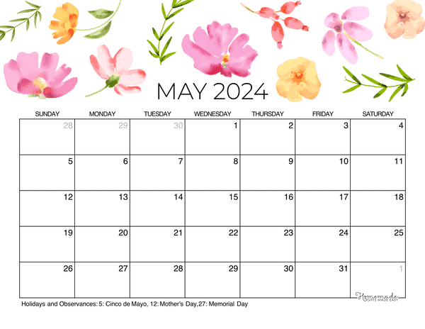May Calendar 2024 Printable Mothers Day Landscape 600x464 