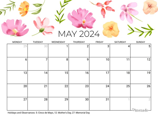 May Calendar 2024 Printable Mothers Day Landscape Monday Start