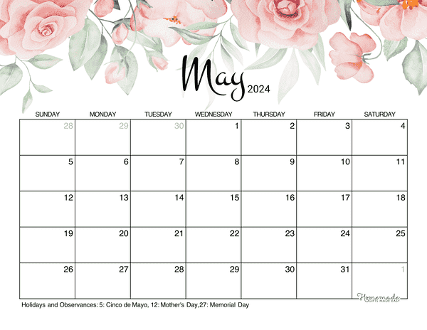 2024 May Calendar With Holidays Template Mable Rosanne
