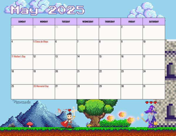 May Calendar 2025 Cute Retro Videogame