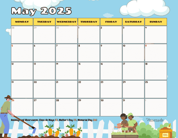 May Calendar 2025 Cute Spring Gardening Mon Start