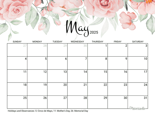 may Calendar 2025 Printable Rose