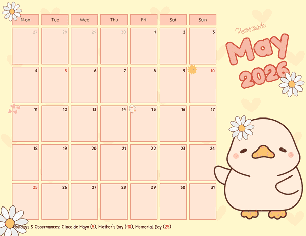 may calendar 2026 cute cream cartoon duckling monday start