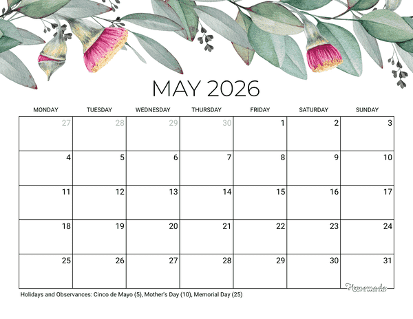 may calendar 2026 printable eucalyptus monday start