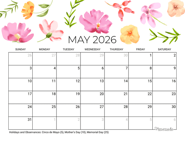 May Calendar 2026 Printable Mothers Day Landscape
