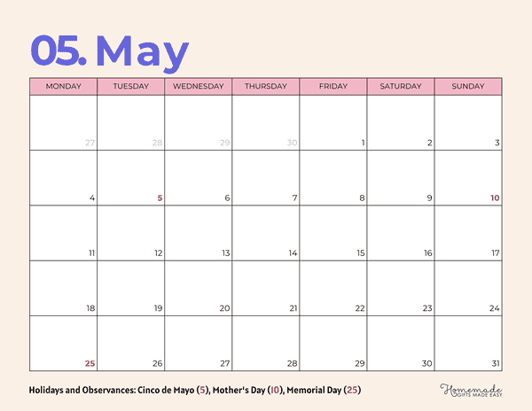 may calendar 2026 purple and pink minimalism monday start
