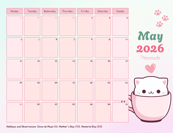 may calendar 2026 simple colorful cartoon cat monday start