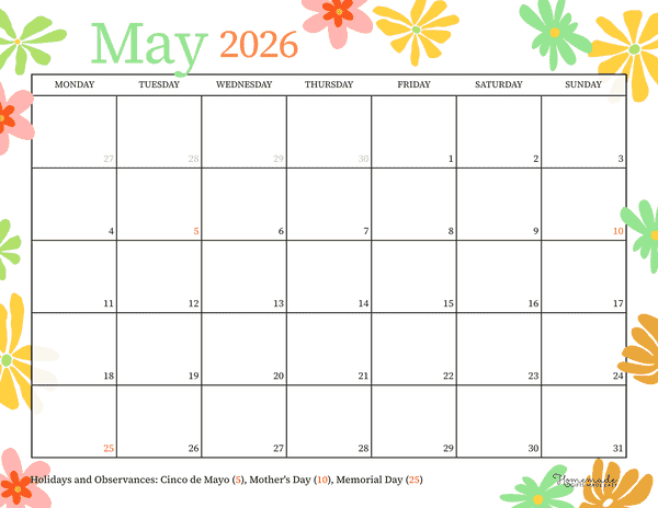 may calendar 2026 simple floral retro monday start