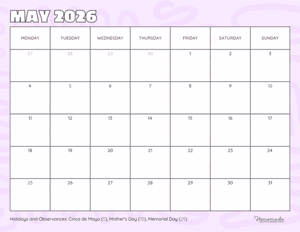 may calendar 2026 simple minimalist lilac monday start
