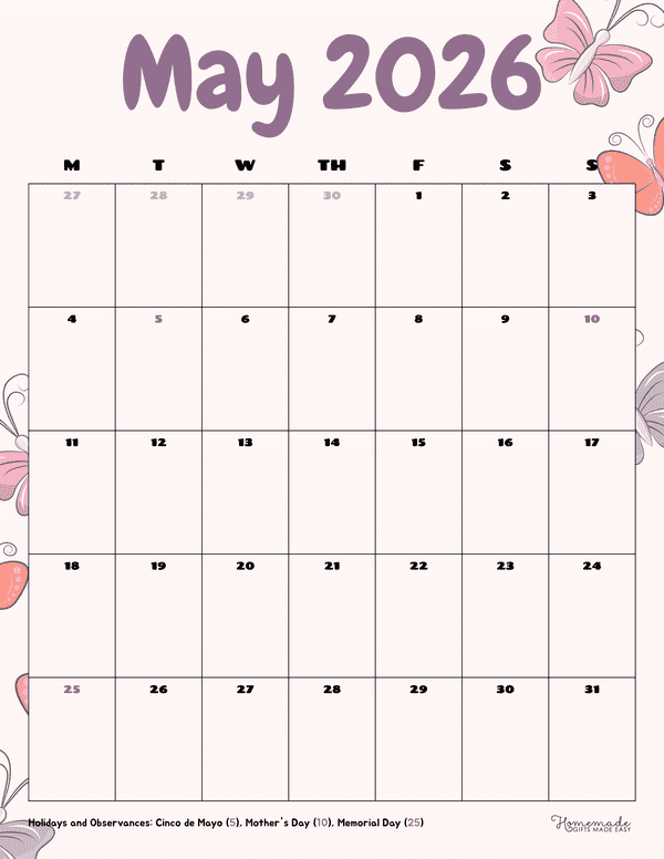 may calendar 2026 springtime butterflies portrait monday start
