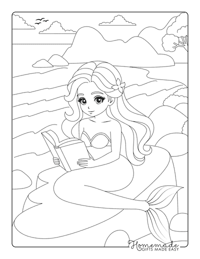 Mermaid Coloring Pages Cute Mermaid Reading Book