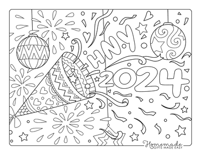 New Year Coloring Pages Hny 2024 Confetti Streamers Fireworks 400x309 