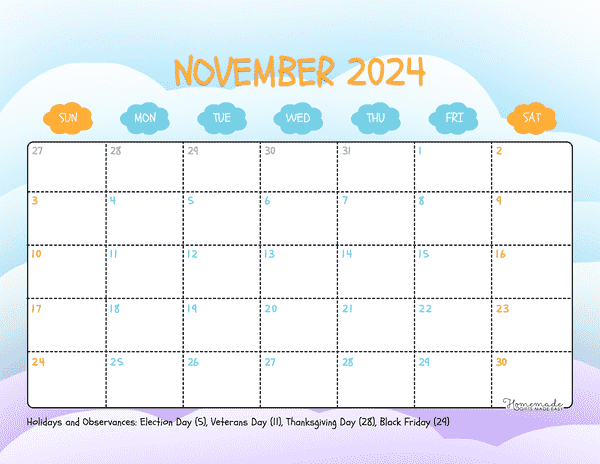 November 2024 Calendars Cute Colorful Pastel Clouds