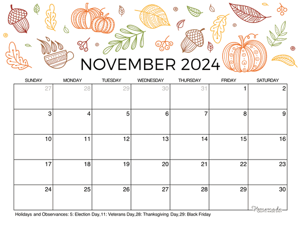 November 2024 Calendar Free Printable With Holidays