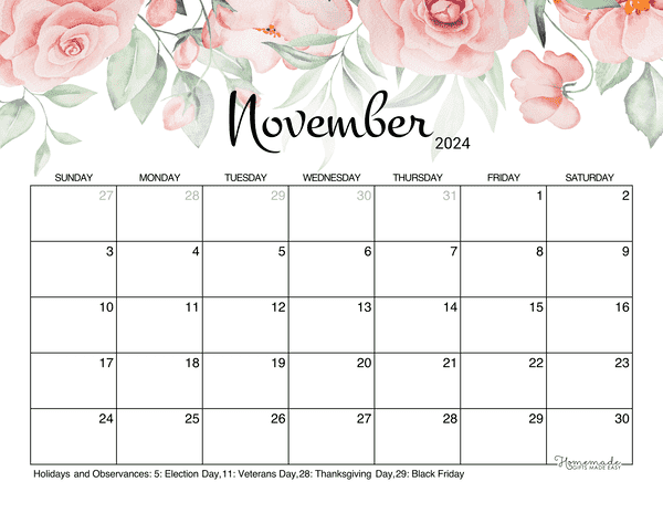Calendar November 2024 Printable Free Monthly Wanda Joscelin