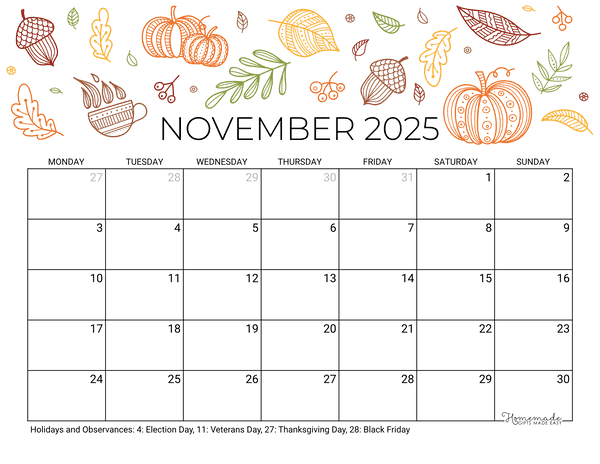 November Calendar 2025 Printable Fall Landscape Monday Start