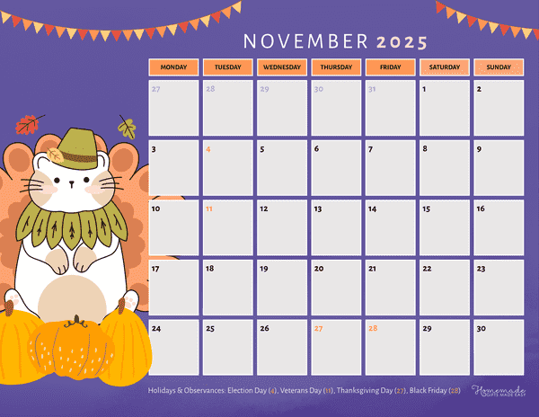 November Calendar 2025 Simple Cute Turkey Cat Monday Start