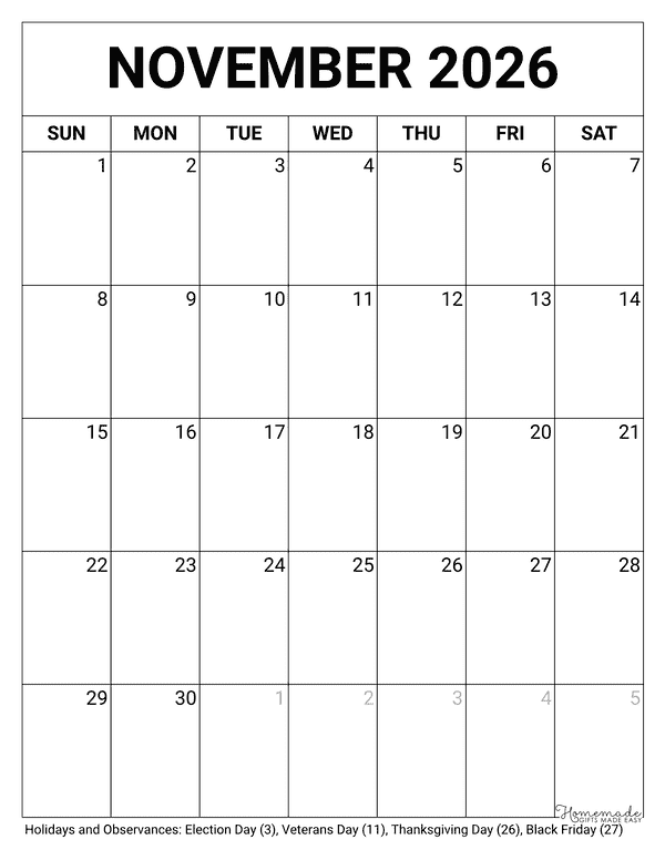 November Calendar 2026 Printable Blank Portrait