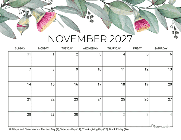 November Calendar 2027 Printable Eucalyptus