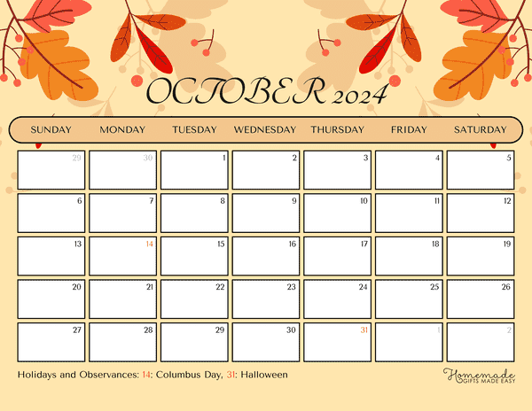 October 2024 Calendars Elegant Autumn