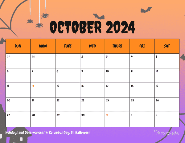 October 2024 Calendars Halloween Gradient