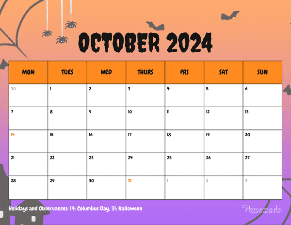 October 2024 Calendars Halloween Gradient Monday Start