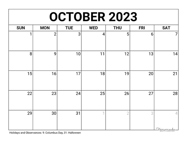 October 2023 2024 Calendars Free Printable with Holidays