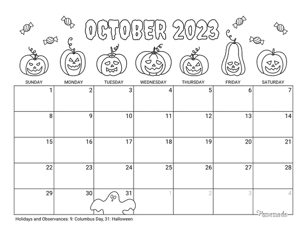 October Calendar 2023 Printable Halloween Coloring Landscape