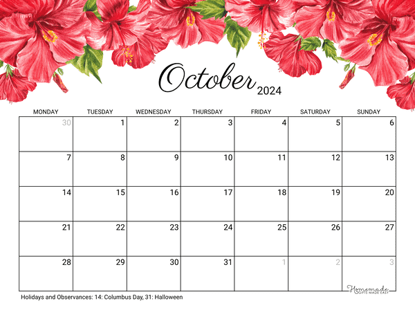 October Calendar 2024 Printable Hibiscus Monday Start