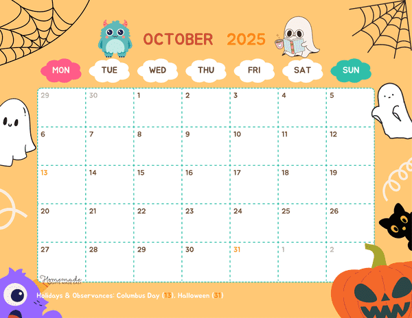 October Calendar 2025 Cute Spooky Orange Halloween Monday Start