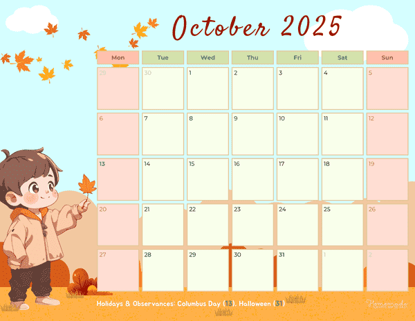 October Calendar 2025 Kawaii Autumn Scene Monday Start