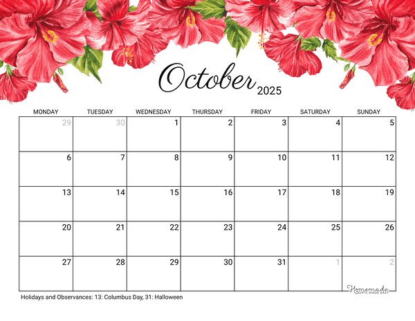 October Calendar 2025 Printable Hibiscus Monday Start