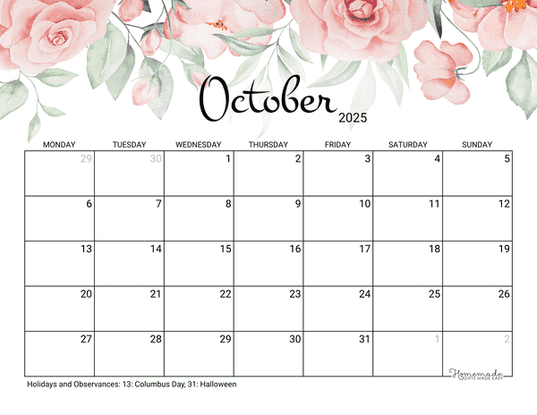 October Calendar 2025 Printable Rose Monday Start