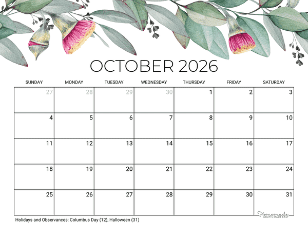 October Calendar 2026 Printable Eucalyptus