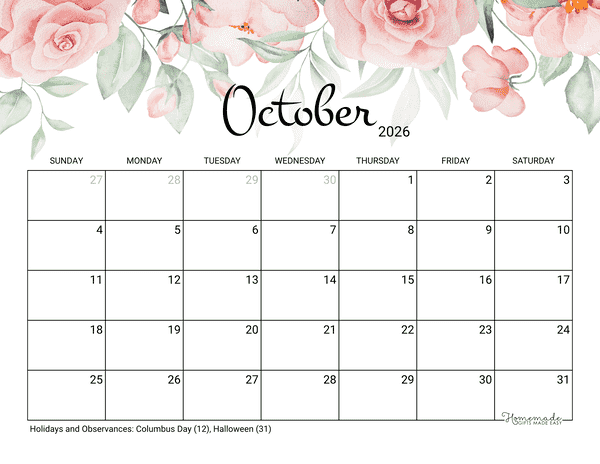 October Calendar 2026 Printable Rose