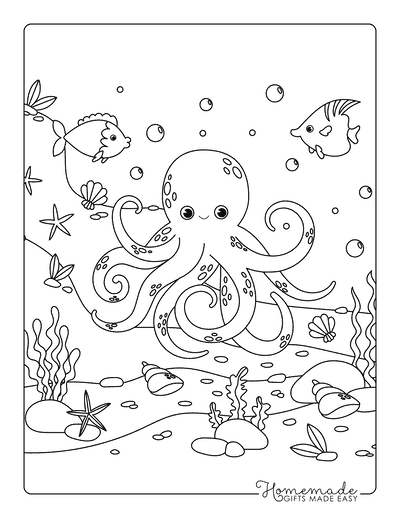 Octopus Coloring Pages Cute Octopus With Fish on the Ocean Floor
