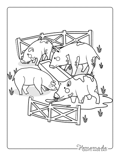 Pig Coloring Pages Easy Cute Pig Friends Mud Trough