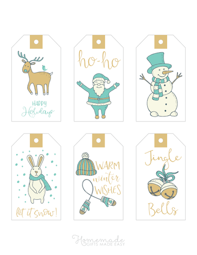 Printable Christmas Tags Gold Blue Hand Drawn Deer Santa Snowman Rabbit Mittens Bells 6