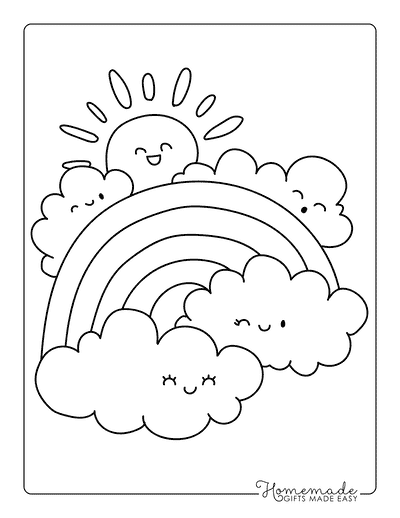 Rainbow Coloring Pages Easy Kawaii Rainbow With Clouds and Sun