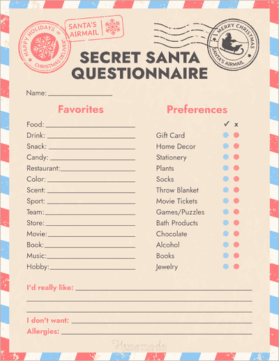 Secret Santa Form Official Mail Letter Preferences