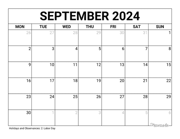 September 2024 Calendar | Free Printables with Holidays