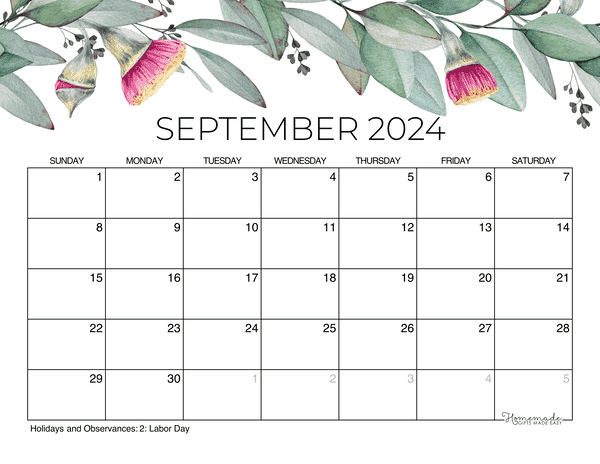September 2024 Calendar Free Printable with Holidays