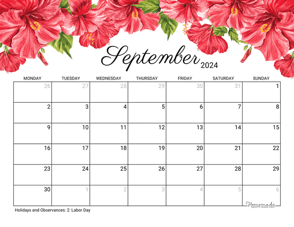 September Calendar 2024 Printable Hibiscus Monday Start