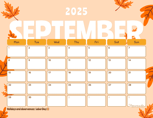 September Calendar 2025 Orange Floating Autumn Leaves Monday Start