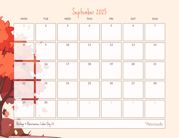 September Calendar 2025 Simple Autumn Scene Monday Start