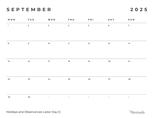 September Calendar 2025 Simple Borderless Minimalism Monday Start
